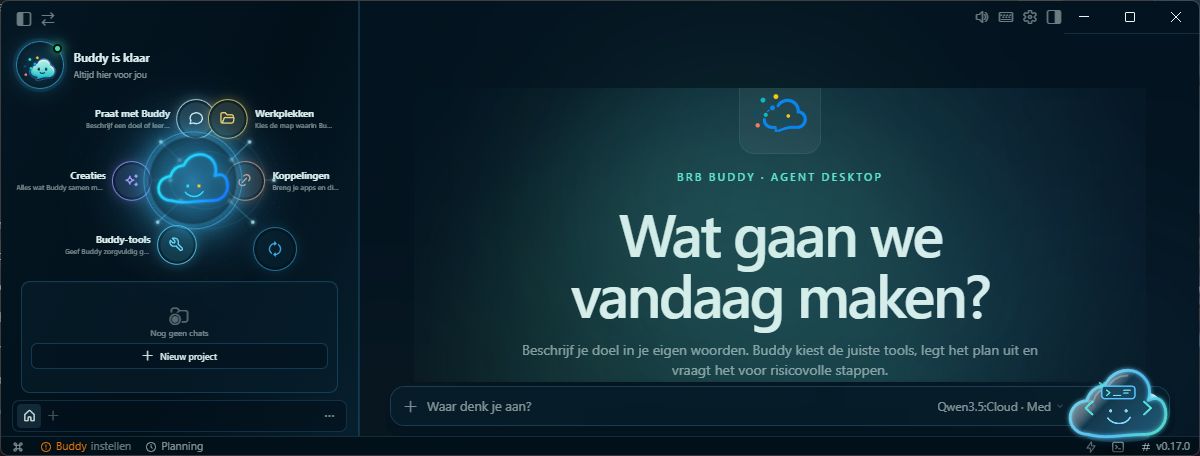Het echte startscherm van BRB Buddy Desktop 0.17.0
